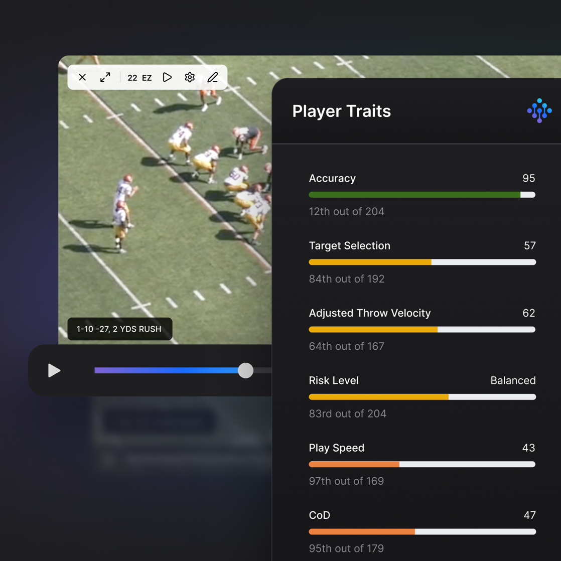Product screen showing game film with a player tracking overlay tied to a metric