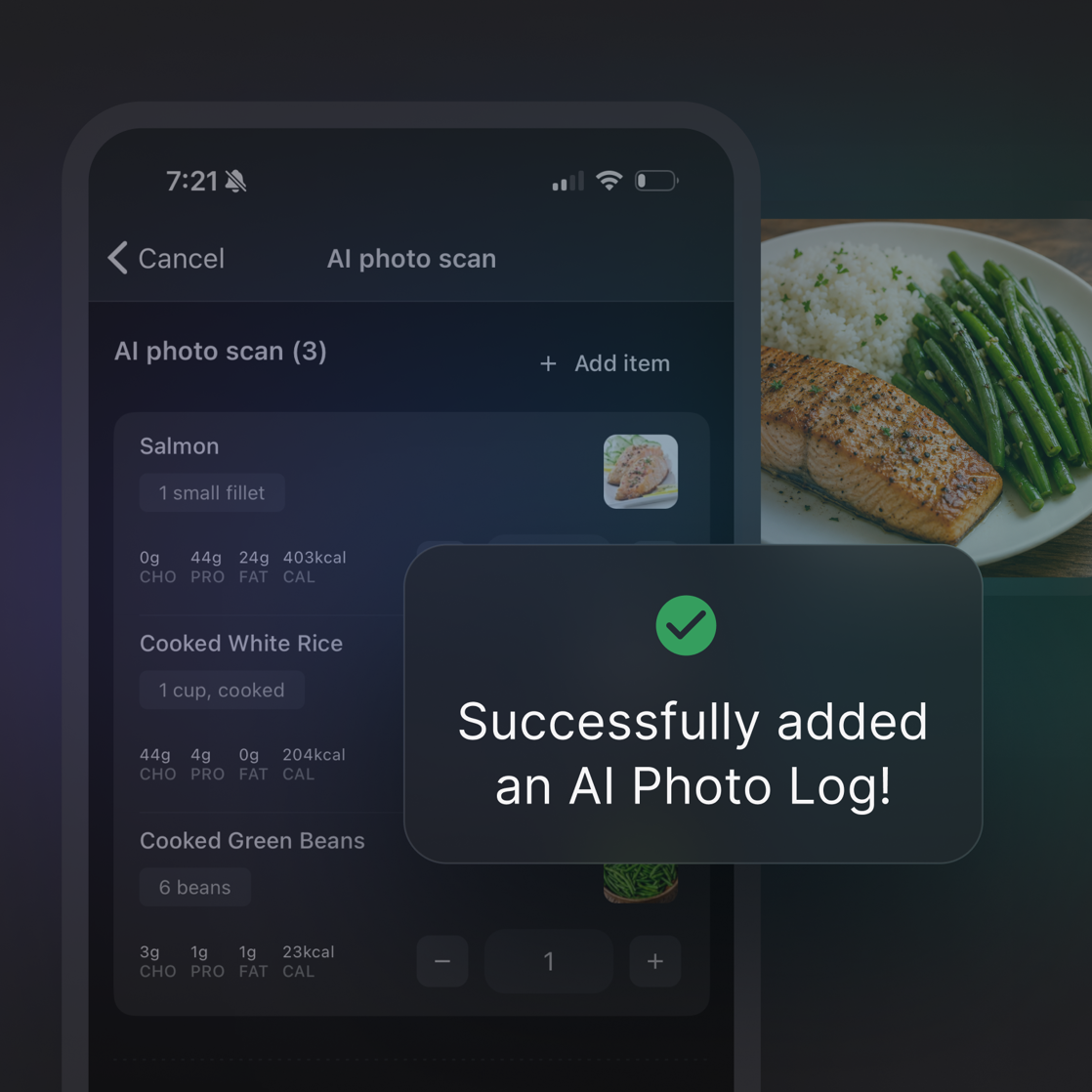 Product screen showing a meal photo with AI-detected food items and macros