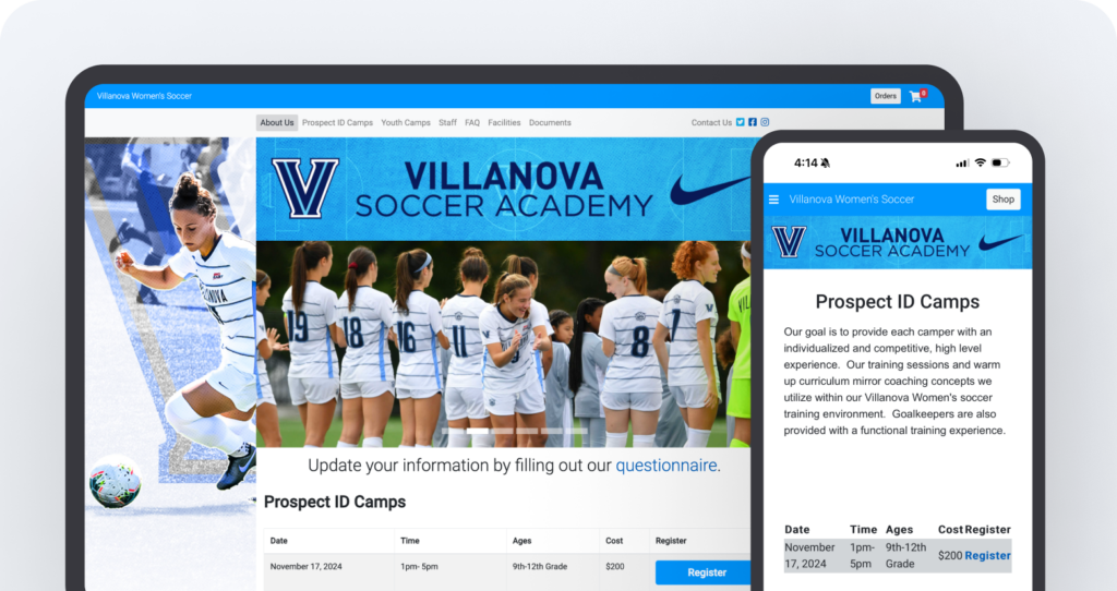 Villanova soccer academy mobile and web browser Camps